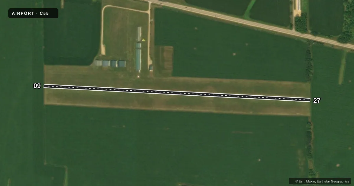 Top-down satellite sketch of C55 OGLE COUNTY in MOUNT MORRIS, ILLINOIS, showing runways 09/27 drawn to scale over Esri World Imagery