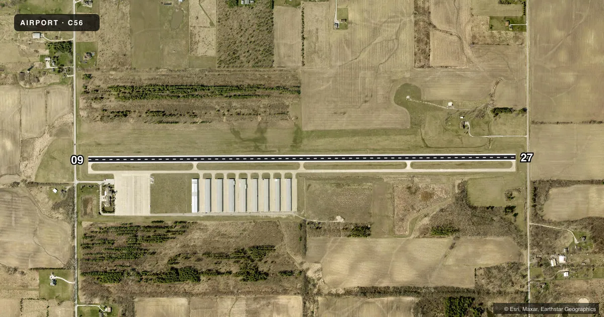 Top-down satellite sketch of C56 BULT FLD in MONEE, ILLINOIS, showing runways 09/27 drawn to scale over Esri World Imagery