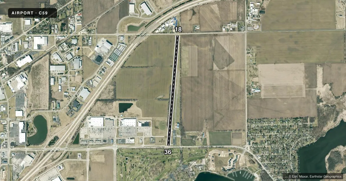 Top-down satellite sketch of C59 LAKE LAWN in DELAVAN, WISCONSIN, showing runways 18/36 drawn to scale over Esri World Imagery