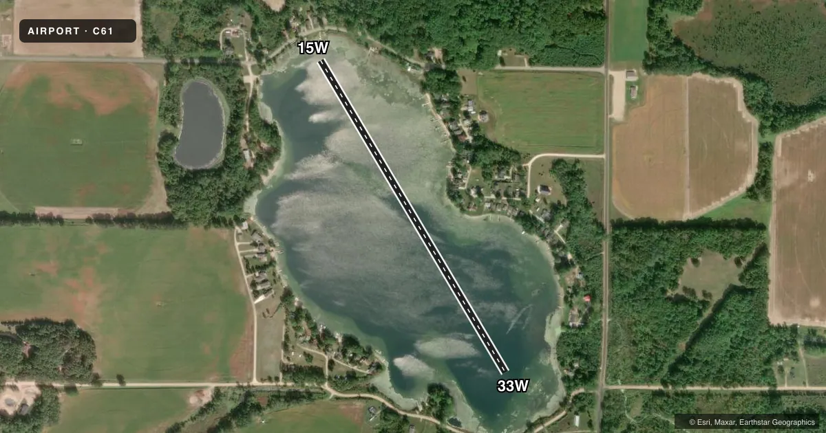 Top-down satellite sketch of C61 WINFIELD LANDING in CORAL, MICHIGAN, showing runways 15W/33W drawn to scale over Esri World Imagery