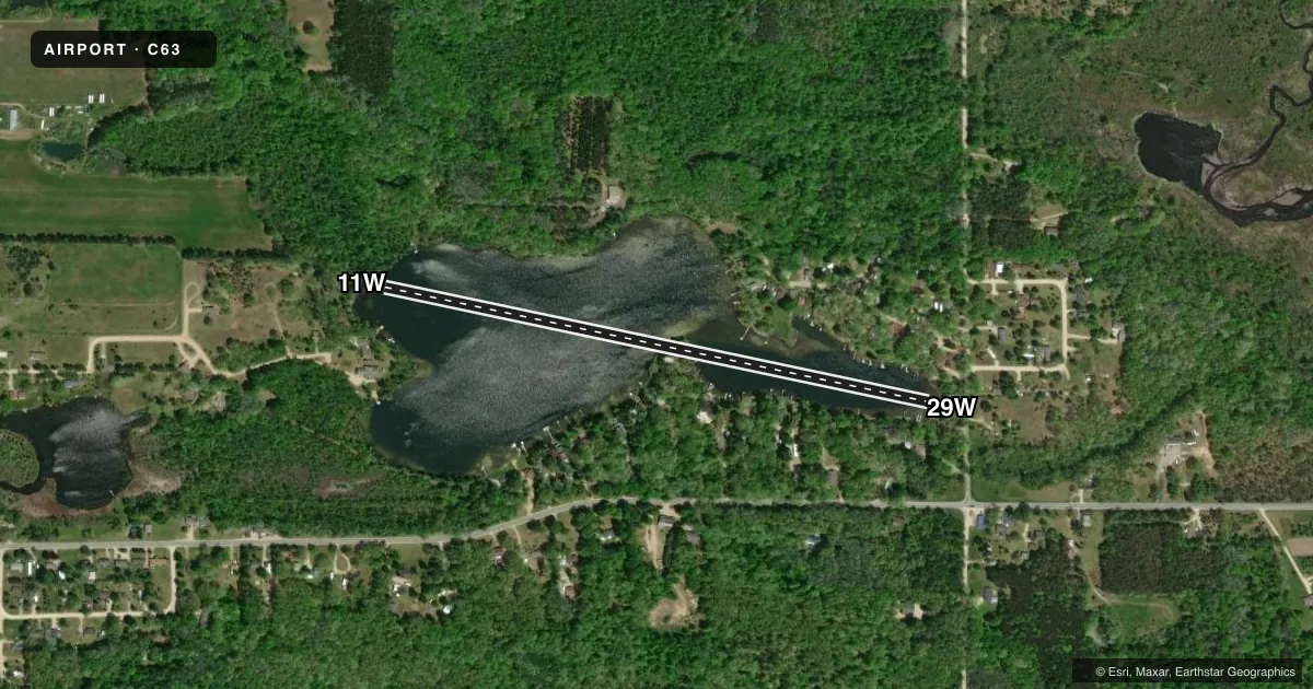 Top-down satellite sketch of C63 RAYRAY in STANTON, MICHIGAN, showing runways 11W/29W drawn to scale over Esri World Imagery