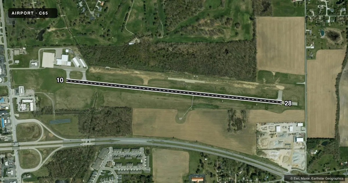 Top-down satellite sketch of C65 PLYMOUTH MUNI in PLYMOUTH, INDIANA, showing runways 10/28 drawn to scale over Esri World Imagery