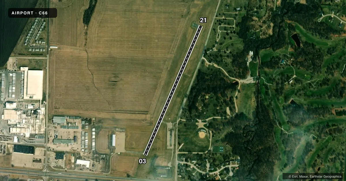 Top-down satellite sketch of C66 MONMOUTH MUNI in MONMOUTH, ILLINOIS, showing runways 03/21 drawn to scale over Esri World Imagery