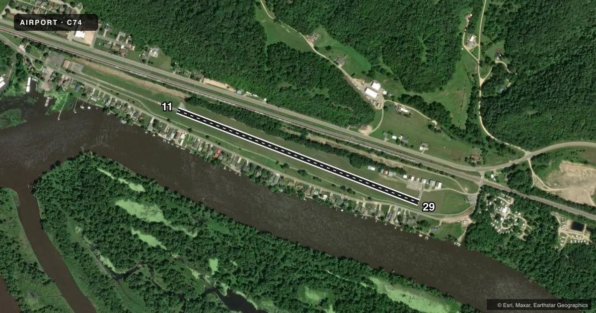 Top-down satellite sketch of C74 CASSVILLE MUNI in CASSVILLE, WISCONSIN, showing runways 11/29 drawn to scale over Esri World Imagery