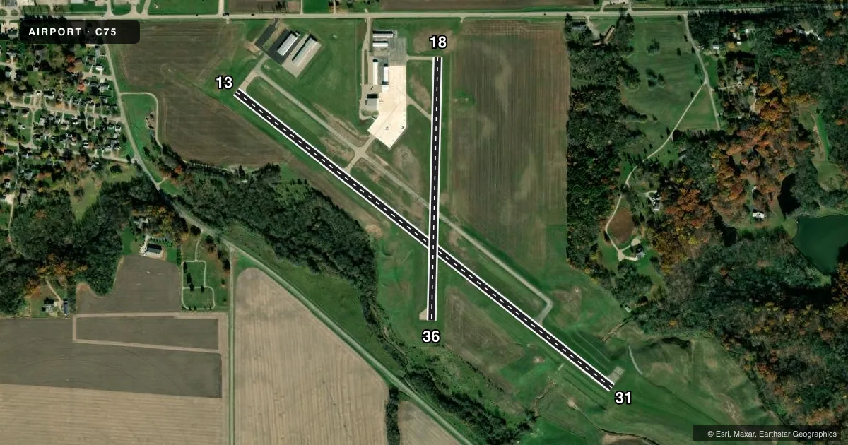 Top-down satellite sketch of C75 MARSHALL COUNTY in LACON, ILLINOIS, showing runways 13/31, 18/36 drawn to scale over Esri World Imagery