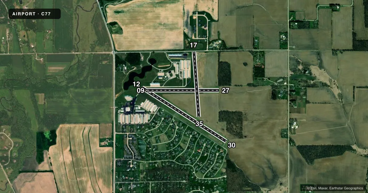 Top-down satellite sketch of C77 POPLAR GROVE in POPLAR GROVE, ILLINOIS, showing runways 12/30, 09/27, 17/35 drawn to scale over Esri World Imagery