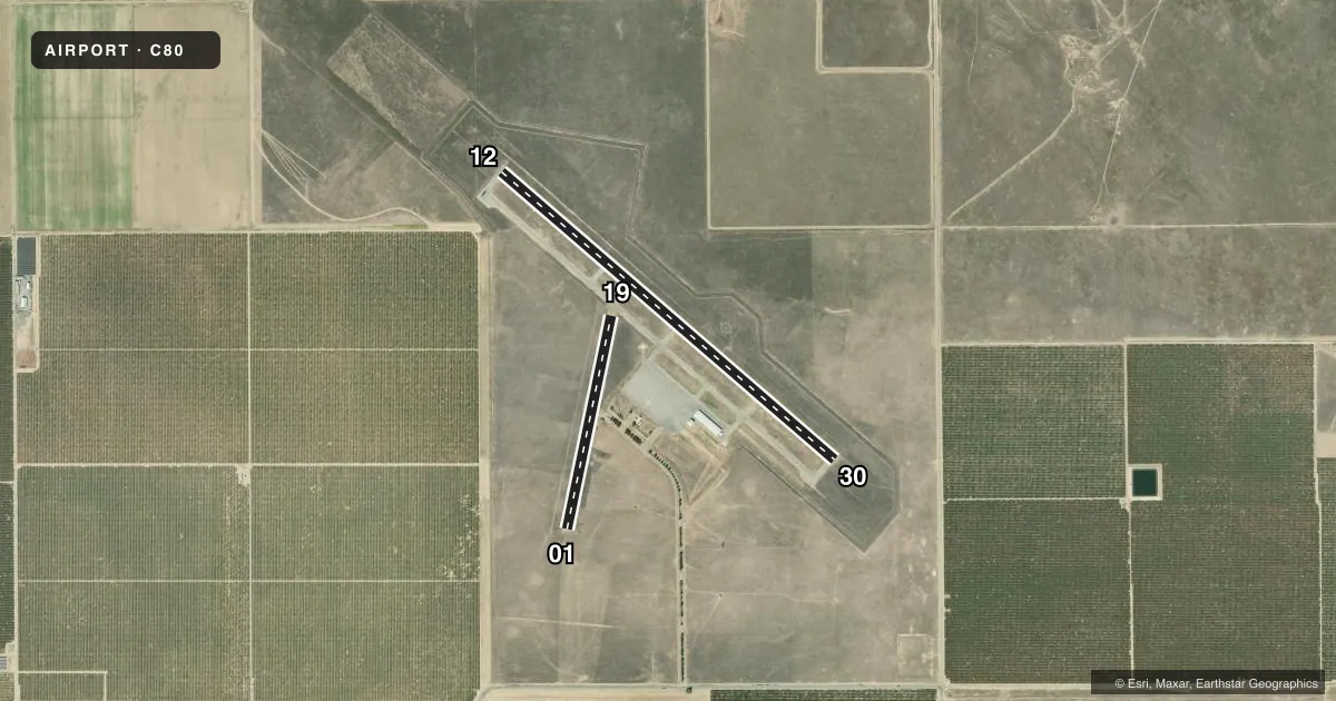 Top-down satellite sketch of C80 NEW COALINGA MUNI in COALINGA, CALIFORNIA, showing runways 12/30, 01/19 drawn to scale over Esri World Imagery