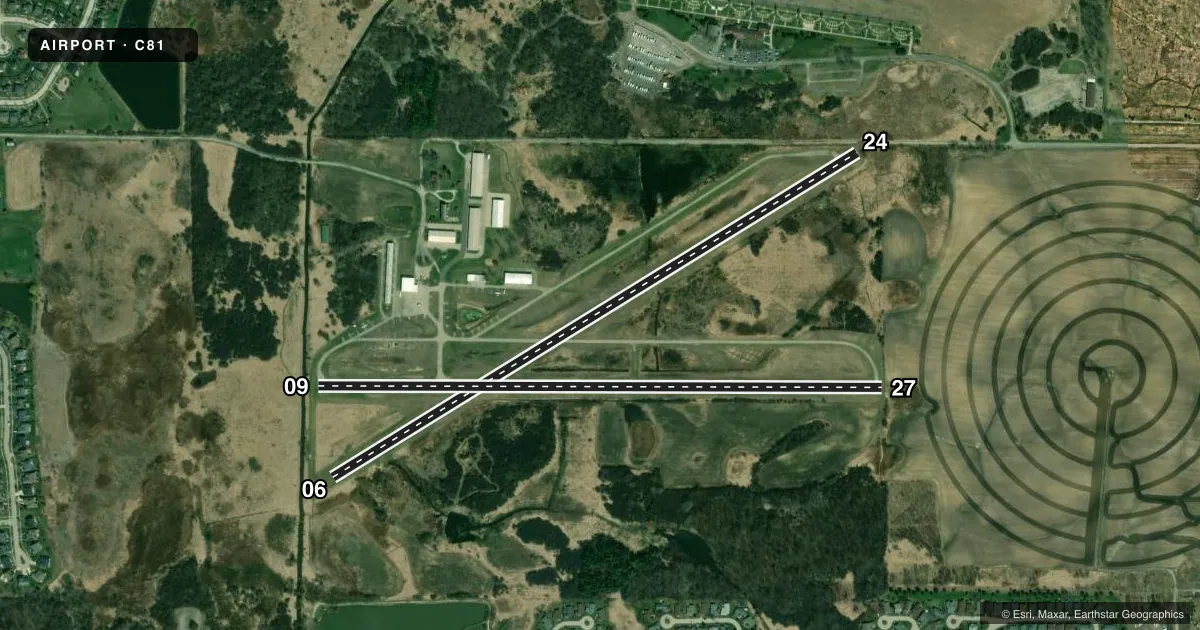 Top-down satellite sketch of C81 CAMPBELL in GRAYSLAKE, ILLINOIS, showing runways 06/24, 09/27 drawn to scale over Esri World Imagery