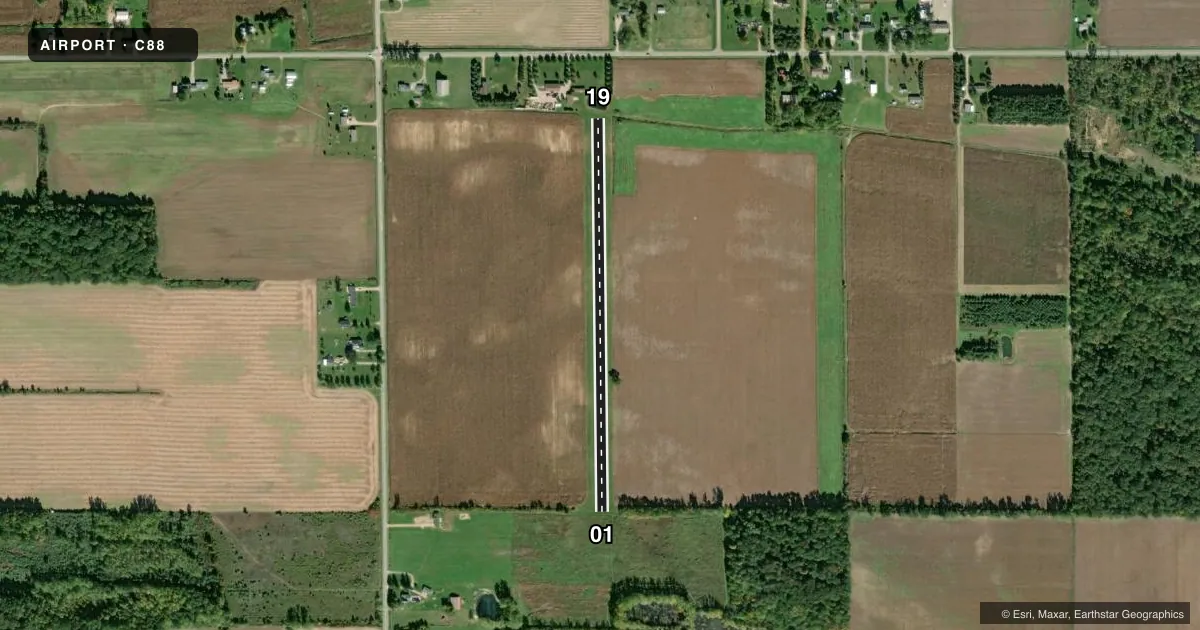 Top-down satellite sketch of C88 TKACZYK FLD in OAKLEY, MICHIGAN, showing runways 01/19 drawn to scale over Esri World Imagery