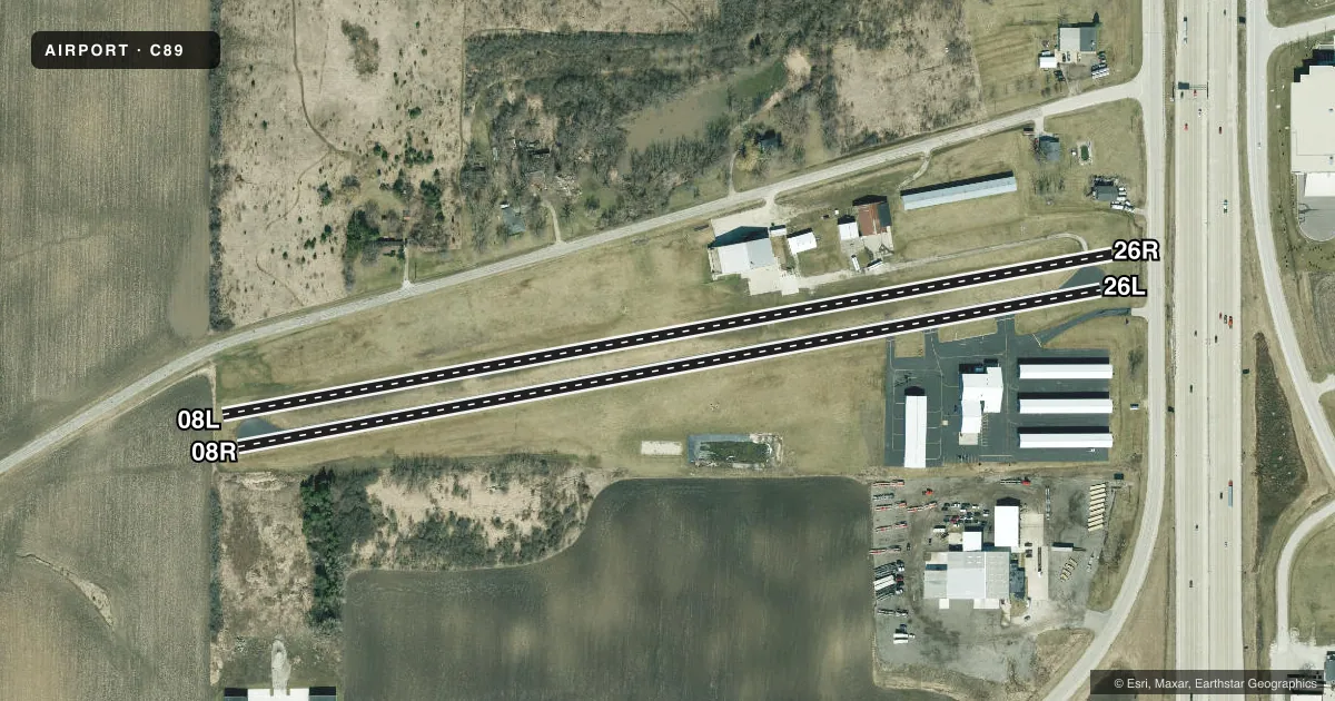 Top-down satellite sketch of C89 SYLVANIA in STURTEVANT, WISCONSIN, showing runways 08L/26R, 08R/26L drawn to scale over Esri World Imagery