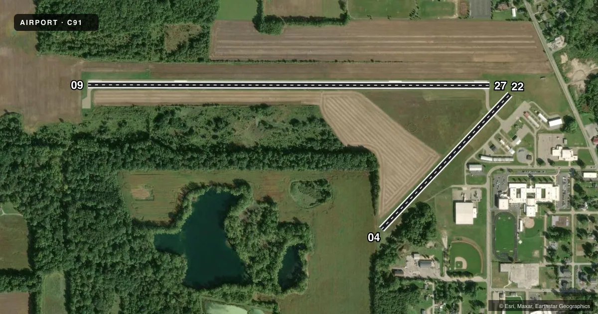 Top-down satellite sketch of C91 DOWAGIAC MUNI in DOWAGIAC, MICHIGAN, showing runways 09/27, 04/22 drawn to scale over Esri World Imagery
