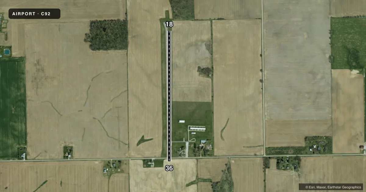 Top-down satellite sketch of C92 MENTONE in MENTONE, INDIANA, showing runways 18/36 drawn to scale over Esri World Imagery