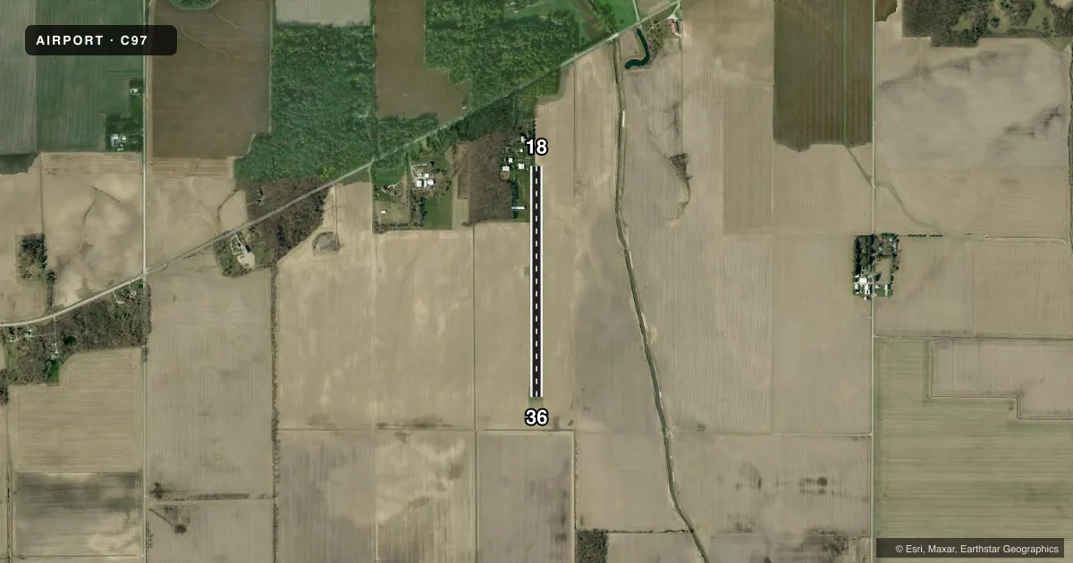 Top-down satellite sketch of C97 LOWELL in LOWELL, INDIANA, showing runways 18/36 drawn to scale over Esri World Imagery