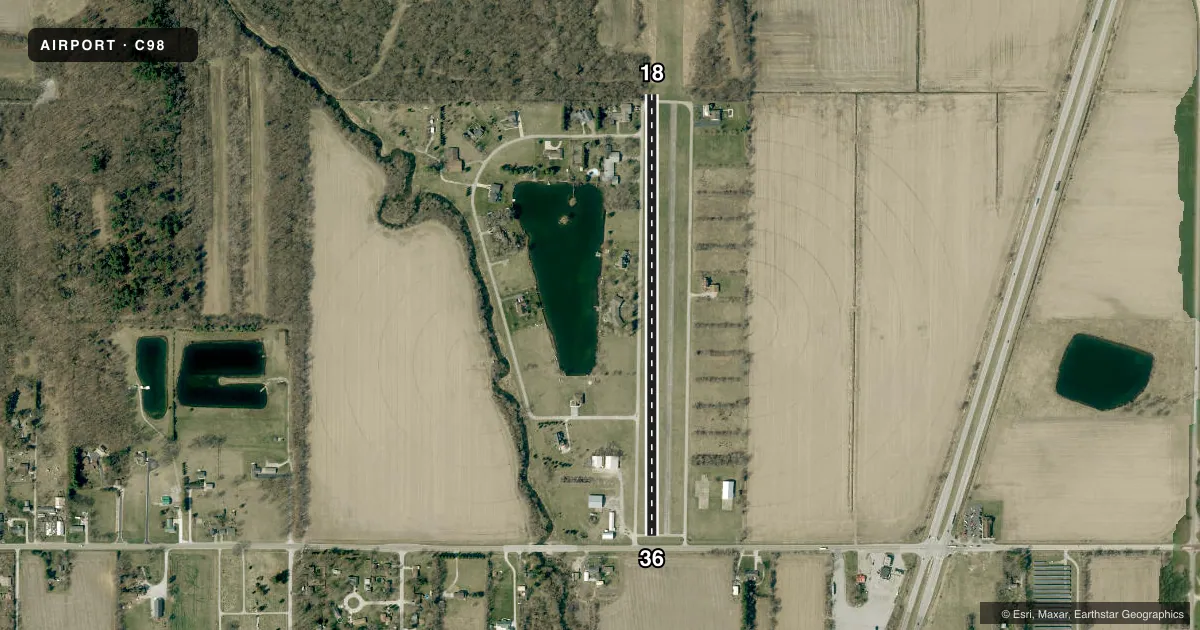 Top-down satellite sketch of C98 LAKE VILLAGE in LAKE VILLAGE, INDIANA, showing runways 18/36 drawn to scale over Esri World Imagery