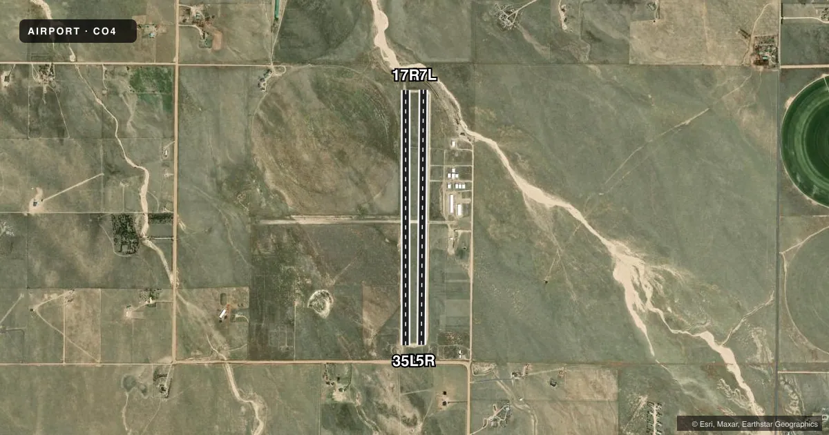 Top-down satellite sketch of CO4 COLORADO SPRINGS EAST in ELLICOTT, COLORADO, showing runways 17L/35R, 17R/35L drawn to scale over Esri World Imagery