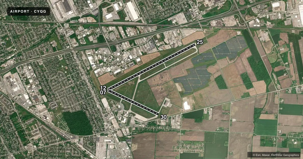 Top-down satellite sketch of CYQG WINDSOR in WINDSOR, showing runways 07/25, 12/30 drawn to scale over Esri World Imagery