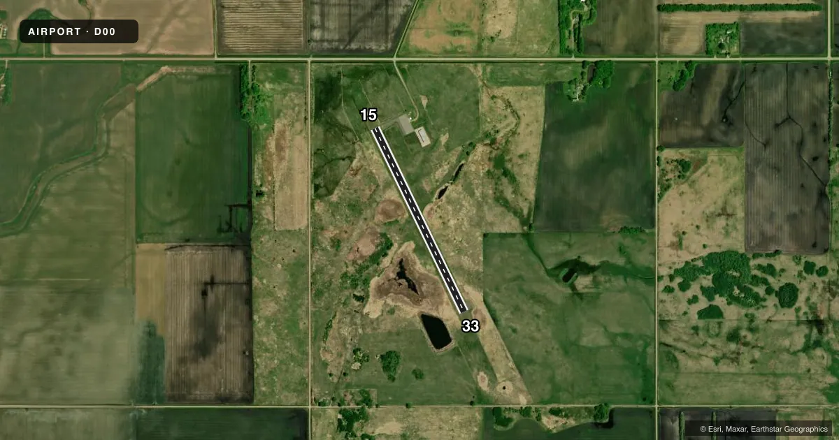Top-down satellite sketch of D00 NORMAN COUNTY ADA/TWIN VALLEY in ADA/TWIN VALLEY, MINNESOTA, showing runways 15/33 drawn to scale over Esri World Imagery