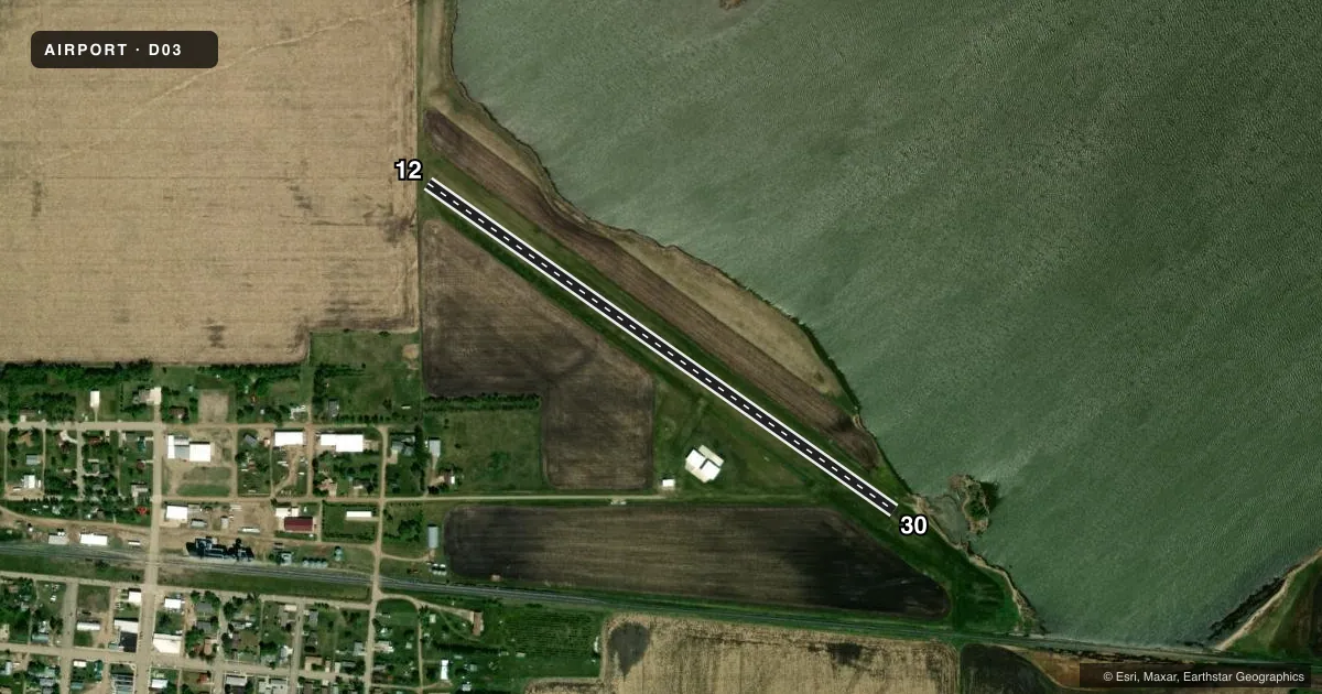 Top-down satellite sketch of D03 KULM MUNI in KULM, NORTH DAKOTA, showing runways 12/30 drawn to scale over Esri World Imagery