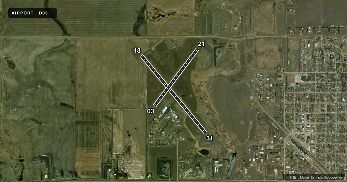 Top-down satellite sketch of D05 GARRISON MUNI in GARRISON, NORTH DAKOTA, showing runways 13/31, 03/21 drawn to scale over Esri World Imagery