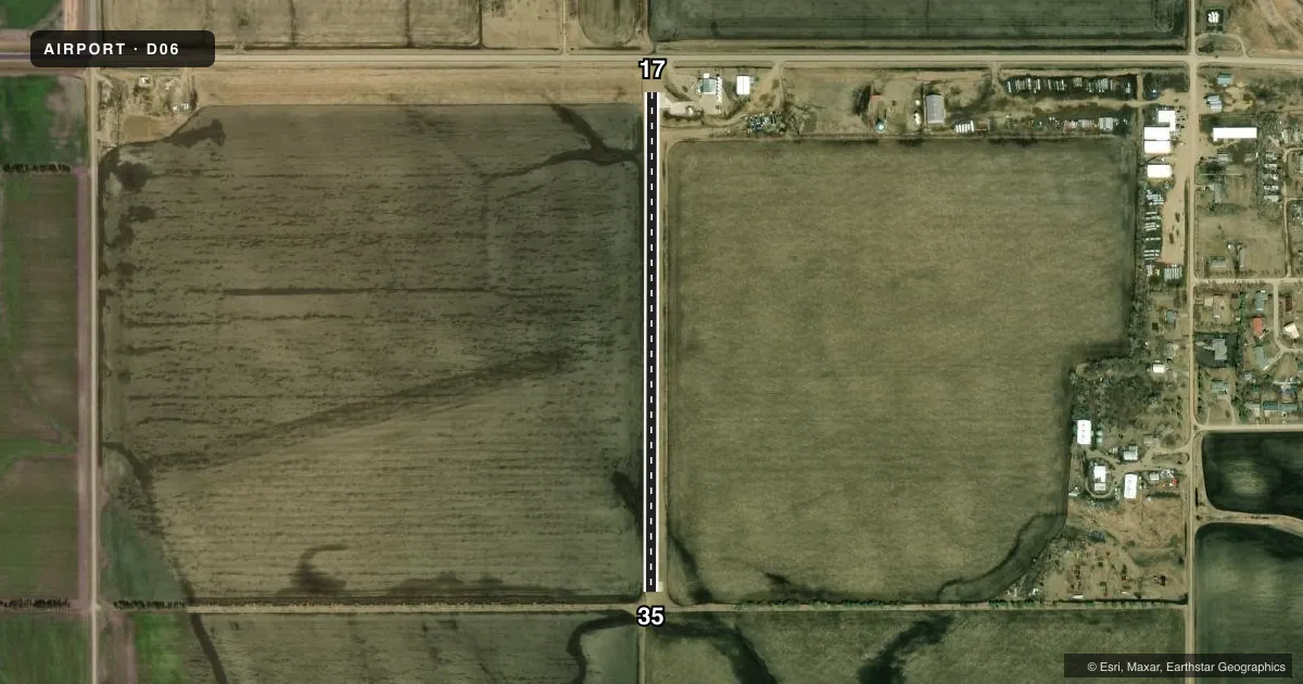 Top-down satellite sketch of D06 MINTO MUNI in MINTO, NORTH DAKOTA, showing runways 17/35 drawn to scale over Esri World Imagery