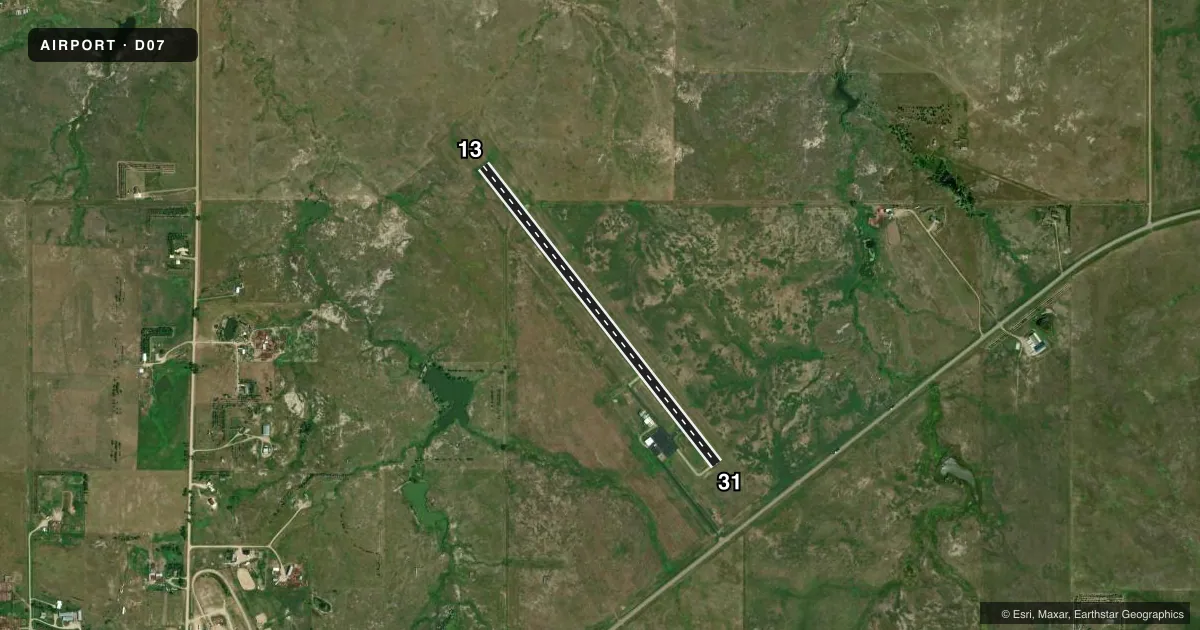 Top-down satellite sketch of D07 FAITH MUNI in FAITH, SOUTH DAKOTA, showing runways 13/31 drawn to scale over Esri World Imagery