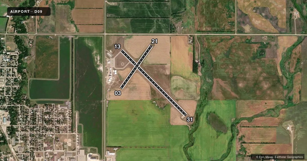Top-down satellite sketch of D09 BOTTINEAU MUNI in BOTTINEAU, NORTH DAKOTA, showing runways 13/31, 03/21 drawn to scale over Esri World Imagery
