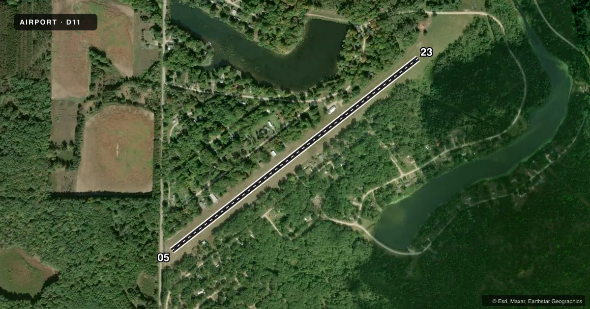 Top-down satellite sketch of D11 OJIBWA AIRPARK in WEIDMAN, MICHIGAN, showing runways 05/23 drawn to scale over Esri World Imagery