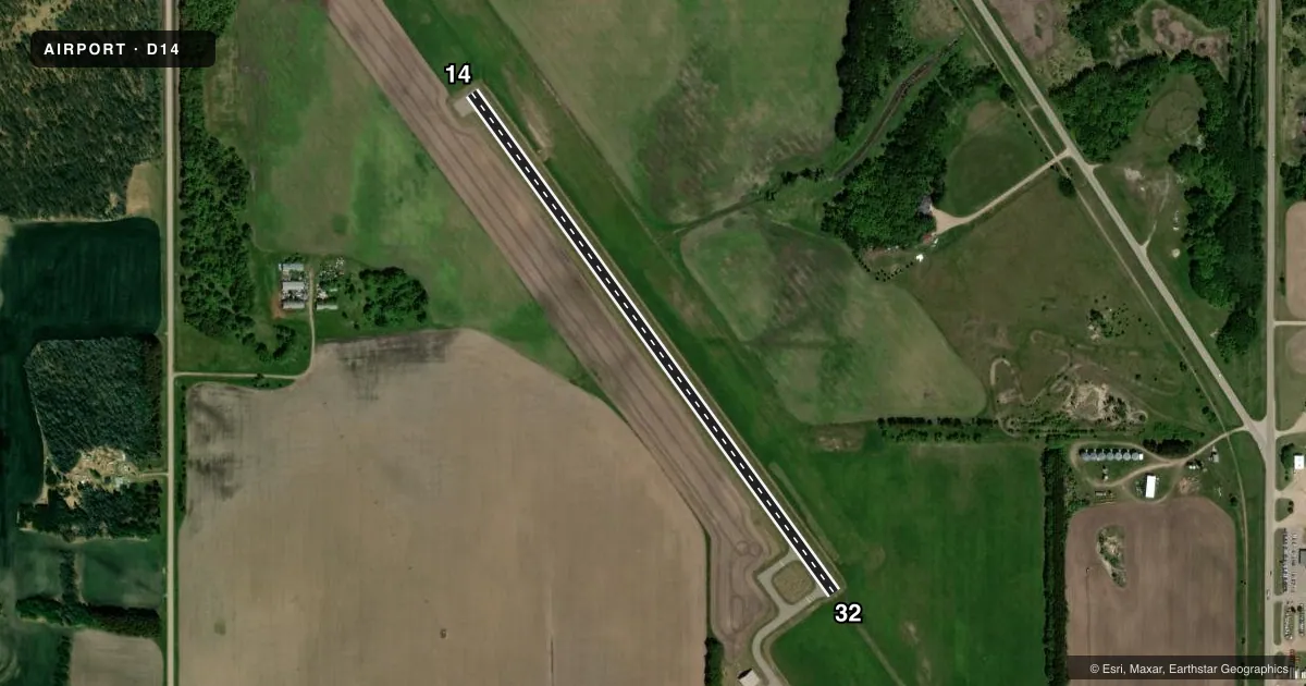 Top-down satellite sketch of D14 FERTILE MUNI in FERTILE, MINNESOTA, showing runways 14/32 drawn to scale over Esri World Imagery