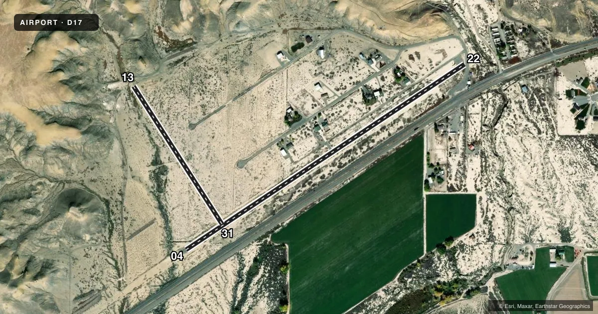 Top-down satellite sketch of D17 WESTWINDS in DELTA, COLORADO, showing runways 04/22, 13/31 drawn to scale over Esri World Imagery