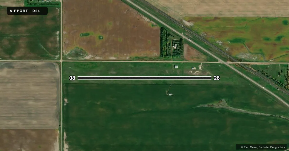 Top-down satellite sketch of D24 FESSENDEN-STREIBEL MUNI in FESSENDEN, NORTH DAKOTA, showing runways 08/26 drawn to scale over Esri World Imagery