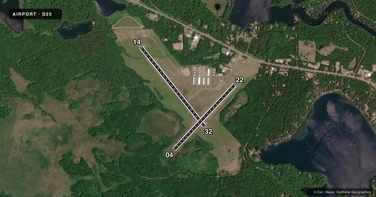 Top-down satellite sketch of D25 MANITOWISH WATERS in MANITOWISH WATERS, WISCONSIN, showing runways 14/32, 04/22 drawn to scale over Esri World Imagery