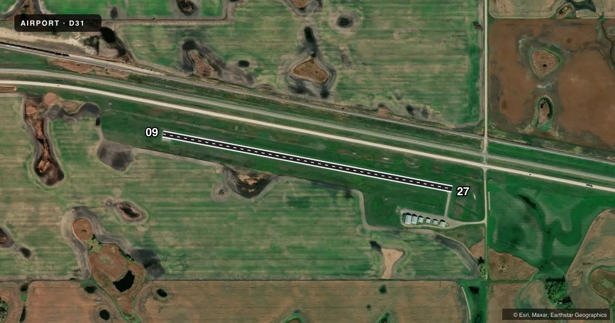 Top-down satellite sketch of D31 LEEDS MUNI in LEEDS, NORTH DAKOTA, showing runways 09/27 drawn to scale over Esri World Imagery