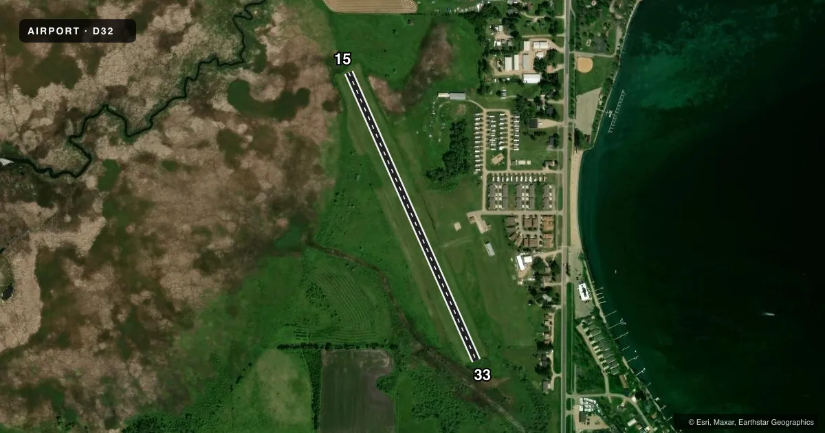 Top-down satellite sketch of D32 STARBUCK MUNI in STARBUCK, MINNESOTA, showing runways 15/33 drawn to scale over Esri World Imagery