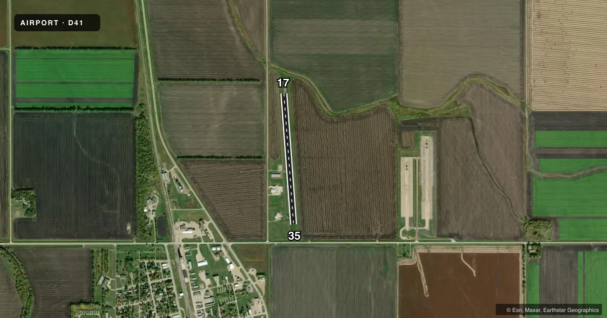 Top-down satellite sketch of D41 STEPHEN MUNI in STEPHEN, MINNESOTA, showing runways 17/35 drawn to scale over Esri World Imagery