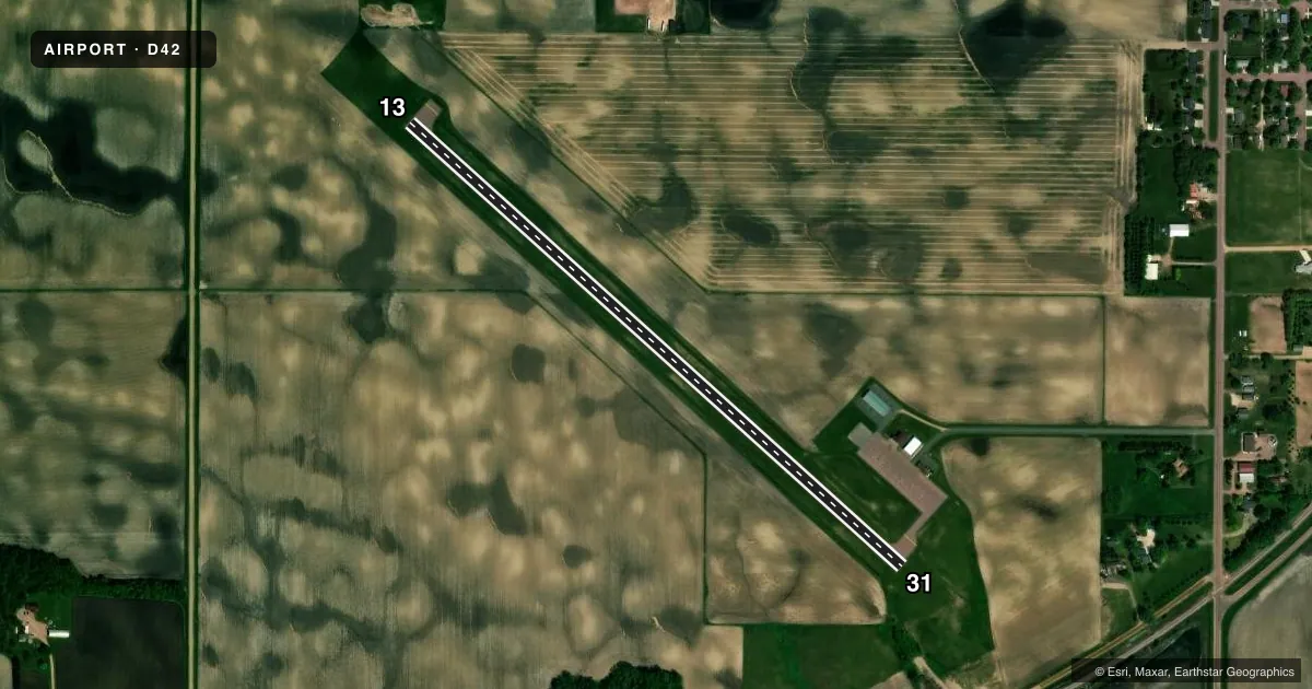 Top-down satellite sketch of D42 SPRINGFIELD MUNI in SPRINGFIELD, MINNESOTA, showing runways 13/31 drawn to scale over Esri World Imagery