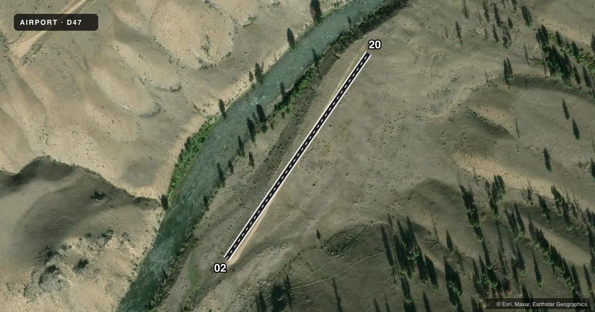 Top-down satellite sketch of D47 COUGAR RANCH in CHALLIS, IDAHO, showing runways 02/20 drawn to scale over Esri World Imagery
