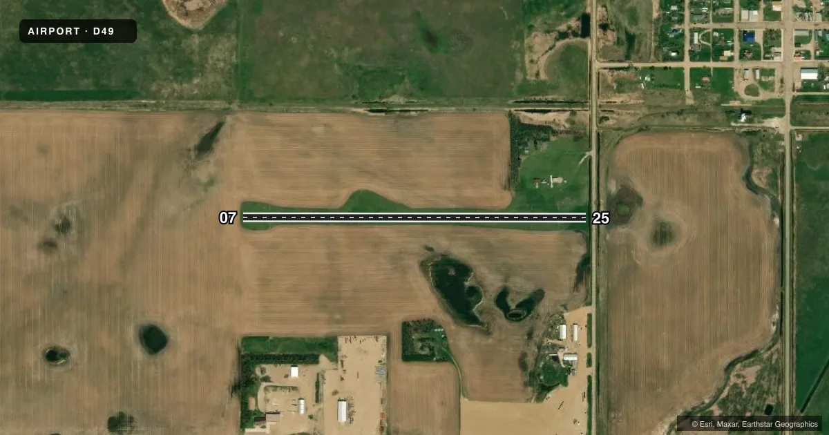 Top-down satellite sketch of D49 COLUMBUS MUNI in COLUMBUS, NORTH DAKOTA, showing runways 07/25 drawn to scale over Esri World Imagery