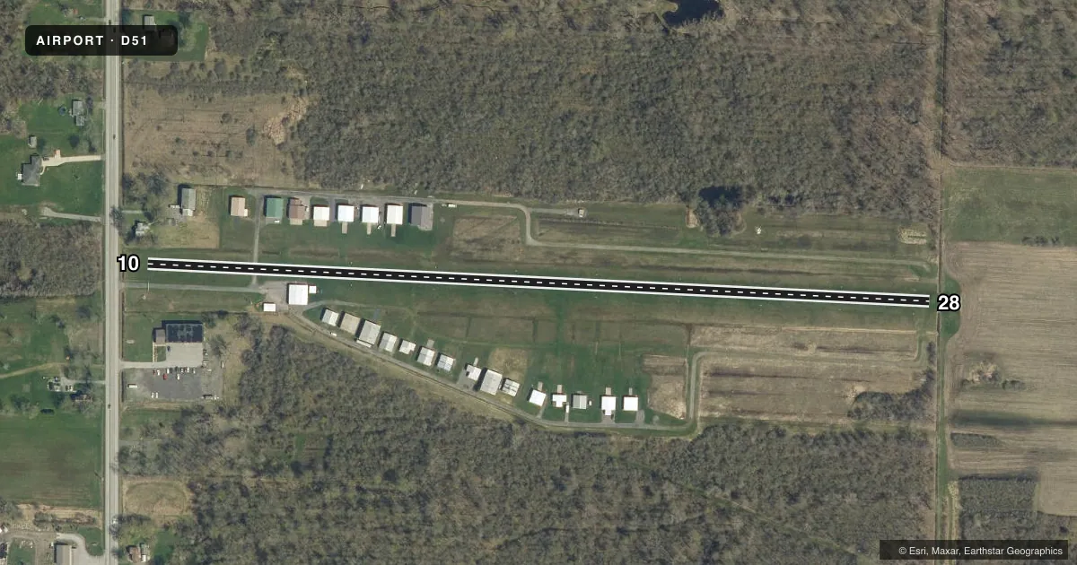 Top-down satellite sketch of D51 CLARENCE AERODROME in BUFFALO, NEW YORK, showing runways 10/28 drawn to scale over Esri World Imagery