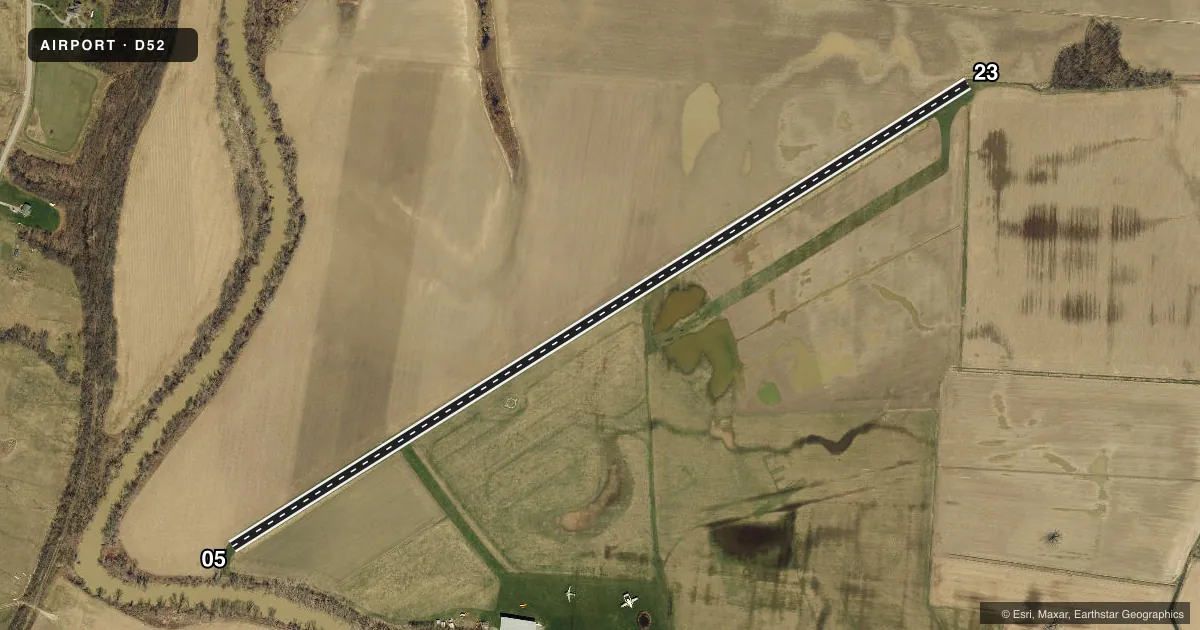 Top-down satellite sketch of D52 GENESEO in GENESEO, NEW YORK, showing runways 05/23 drawn to scale over Esri World Imagery