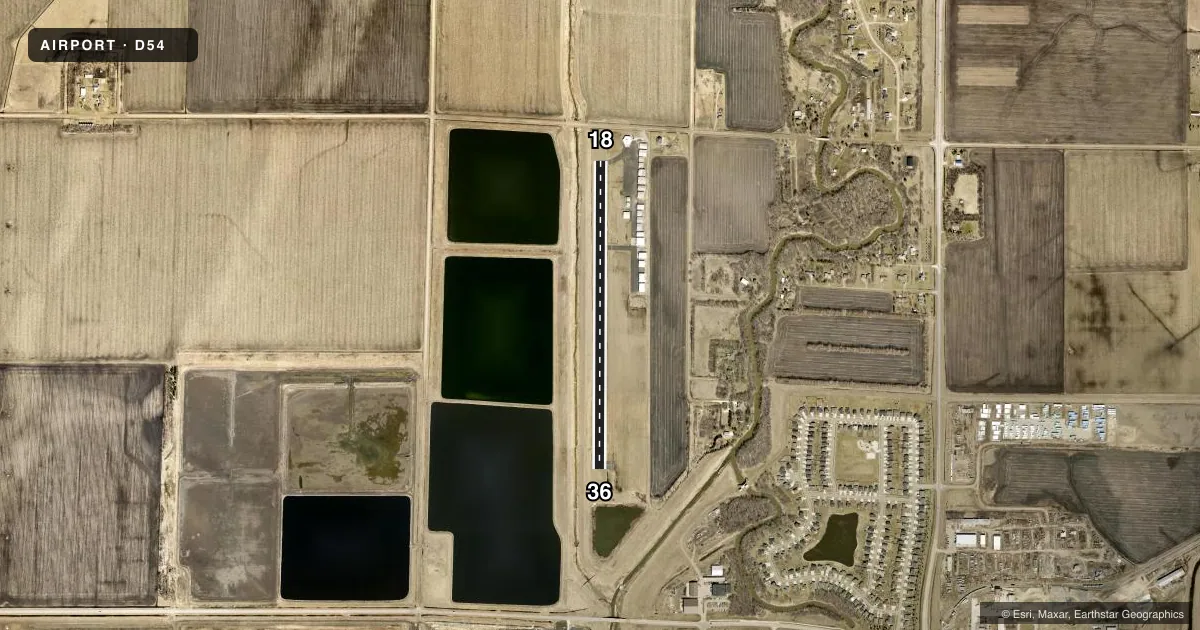 Top-down satellite sketch of D54 WEST FARGO MUNI in FARGO, NORTH DAKOTA, showing runways 18/36 drawn to scale over Esri World Imagery