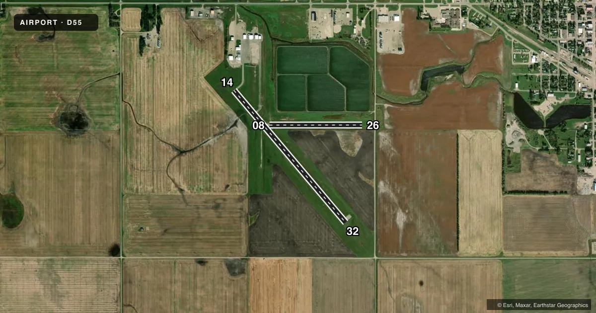 Top-down satellite sketch of D55 ROBERTSON FLD in LANGDON, NORTH DAKOTA, showing runways 14/32, 08/26 drawn to scale over Esri World Imagery