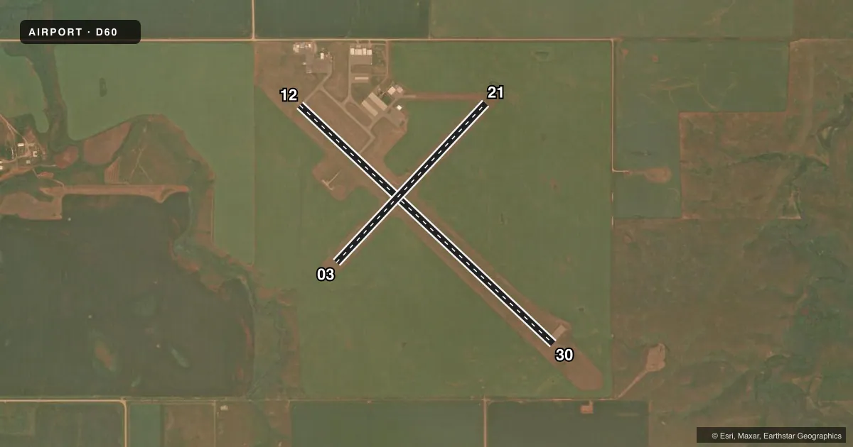 Top-down satellite sketch of D60 TIOGA MUNI in TIOGA, NORTH DAKOTA, showing runways 12/30, 03/21 drawn to scale over Esri World Imagery
