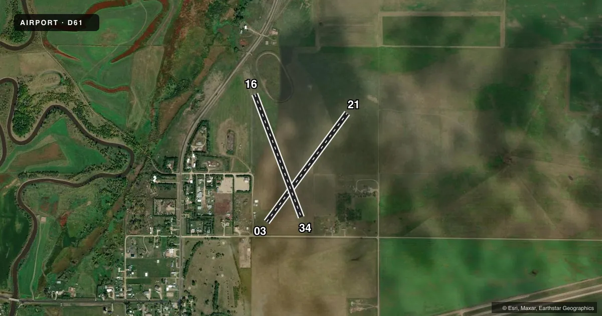 Top-down satellite sketch of D61 TOWNER MUNI in TOWNER, NORTH DAKOTA, showing runways 03/21, 16/34 drawn to scale over Esri World Imagery