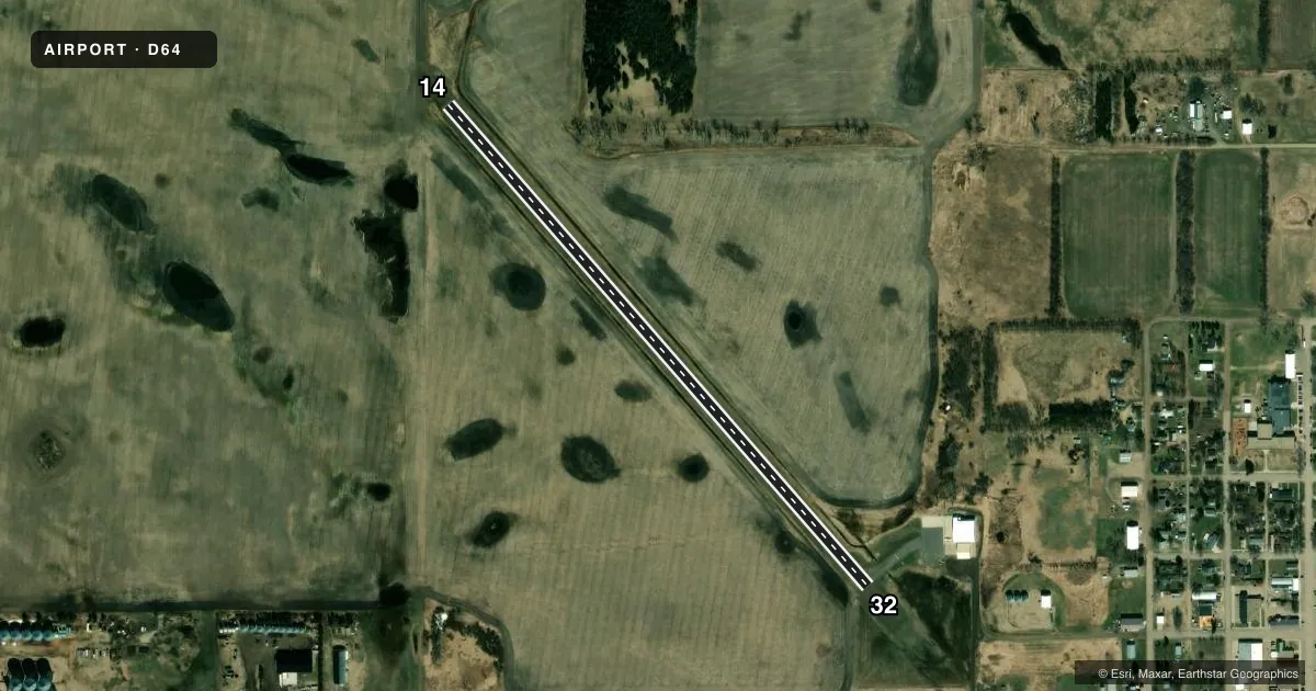 Top-down satellite sketch of D64 WESTHOPE MUNI in WESTHOPE, NORTH DAKOTA, showing runways 14/32 drawn to scale over Esri World Imagery