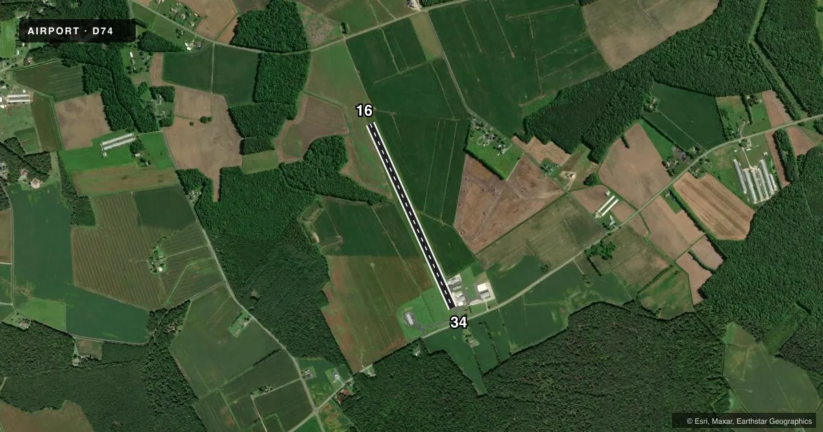 Top-down satellite sketch of D74 CHORMAN in FARMINGTON, DELAWARE, showing runways 16/34 drawn to scale over Esri World Imagery