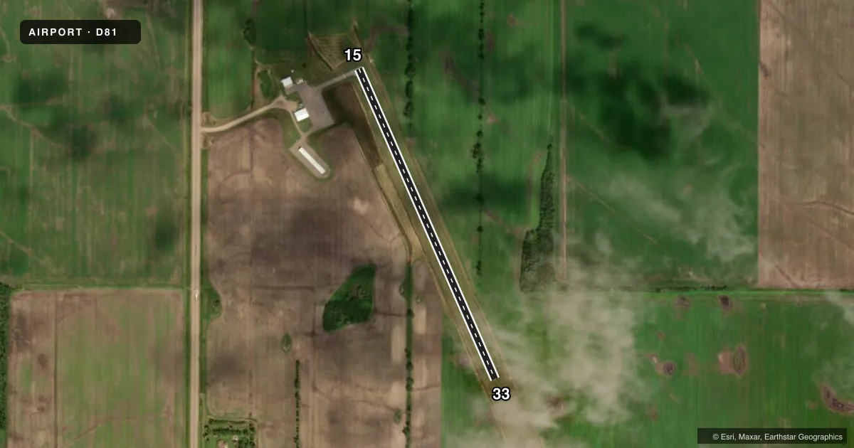 Top-down satellite sketch of D81 RED LAKE FALLS MUNI in RED LAKE FALLS, MINNESOTA, showing runways 15/33 drawn to scale over Esri World Imagery
