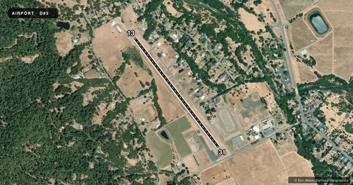 Top-down satellite sketch of D83 BOONVILLE in BOONVILLE, CALIFORNIA, showing runways 13/31 drawn to scale over Esri World Imagery