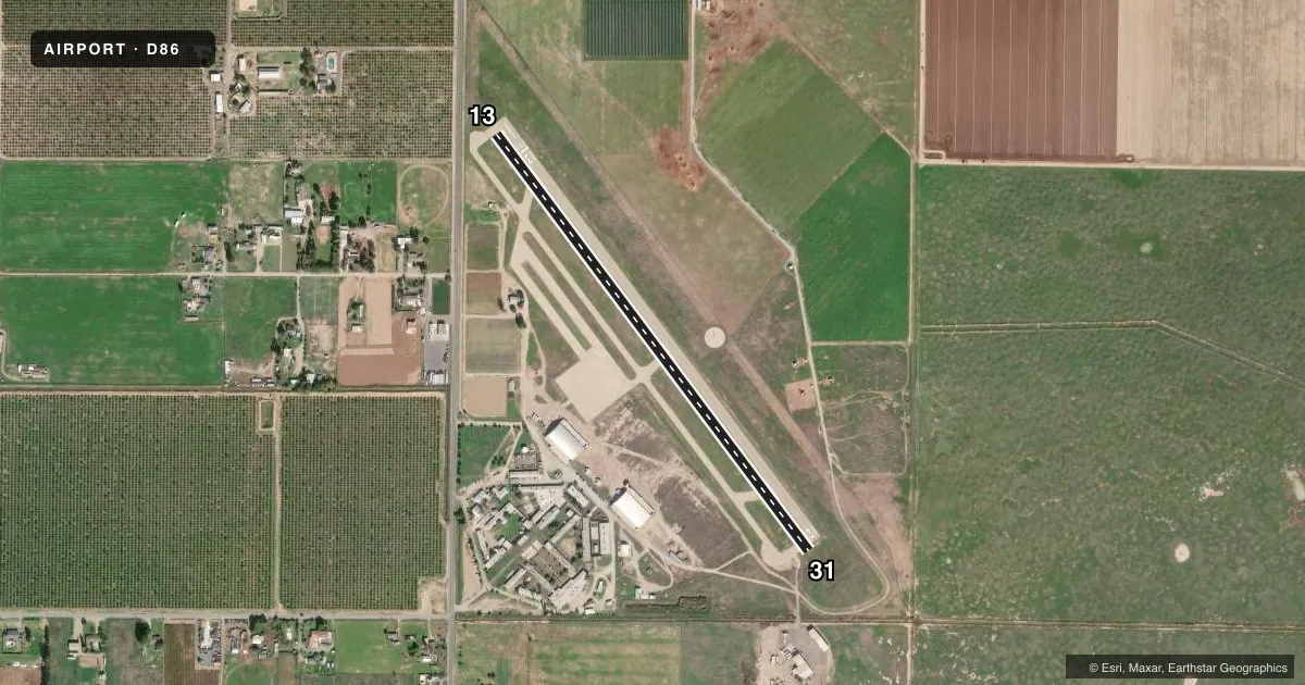 Top-down satellite sketch of D86 SEQUOIA FLD in VISALIA, CALIFORNIA, showing runways 13/31 drawn to scale over Esri World Imagery