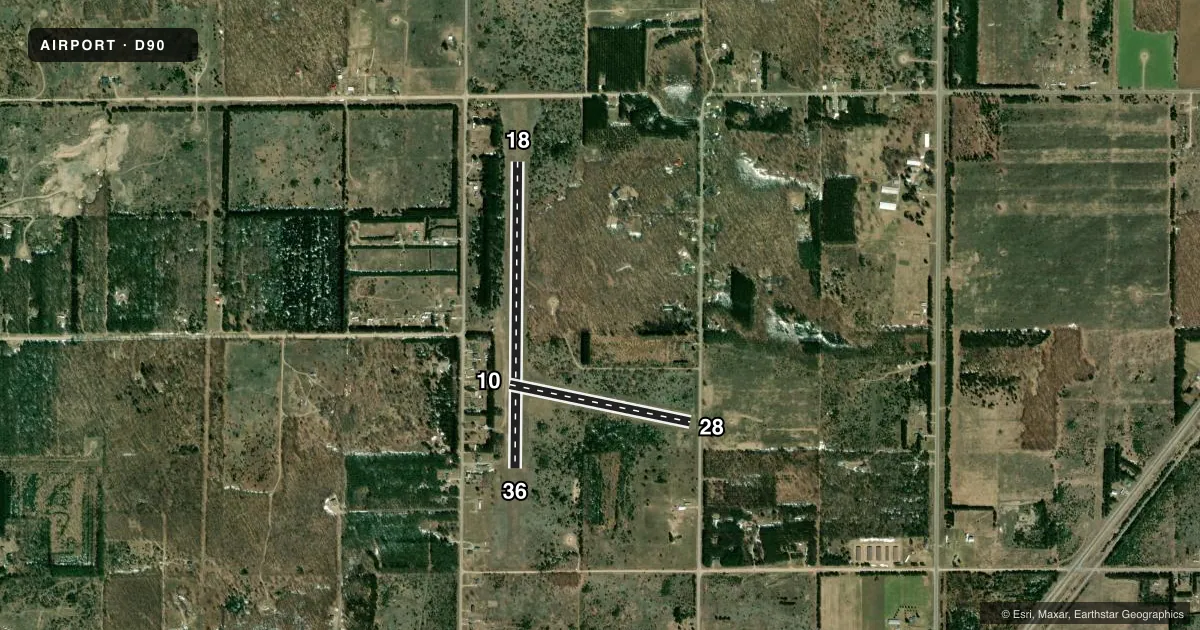Top-down satellite sketch of D90 MANCELONA MUNI in MANCELONA, MICHIGAN, showing runways 18/36, 10/28 drawn to scale over Esri World Imagery