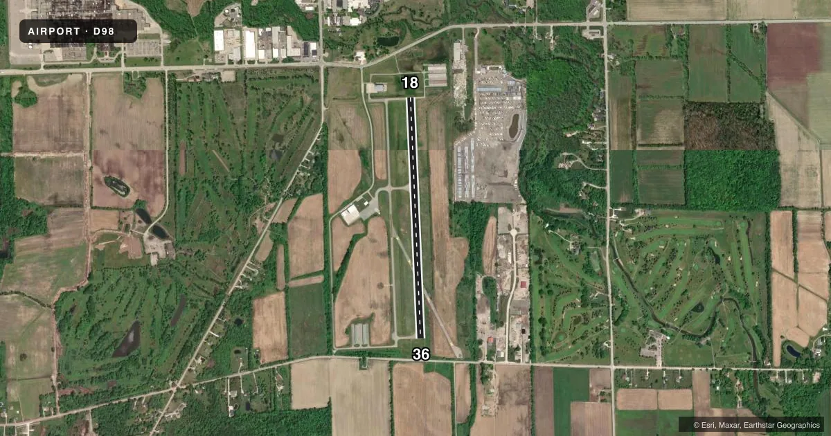 Top-down satellite sketch of D98 ROMEO STATE in ROMEO, MICHIGAN, showing runways 18/36 drawn to scale over Esri World Imagery